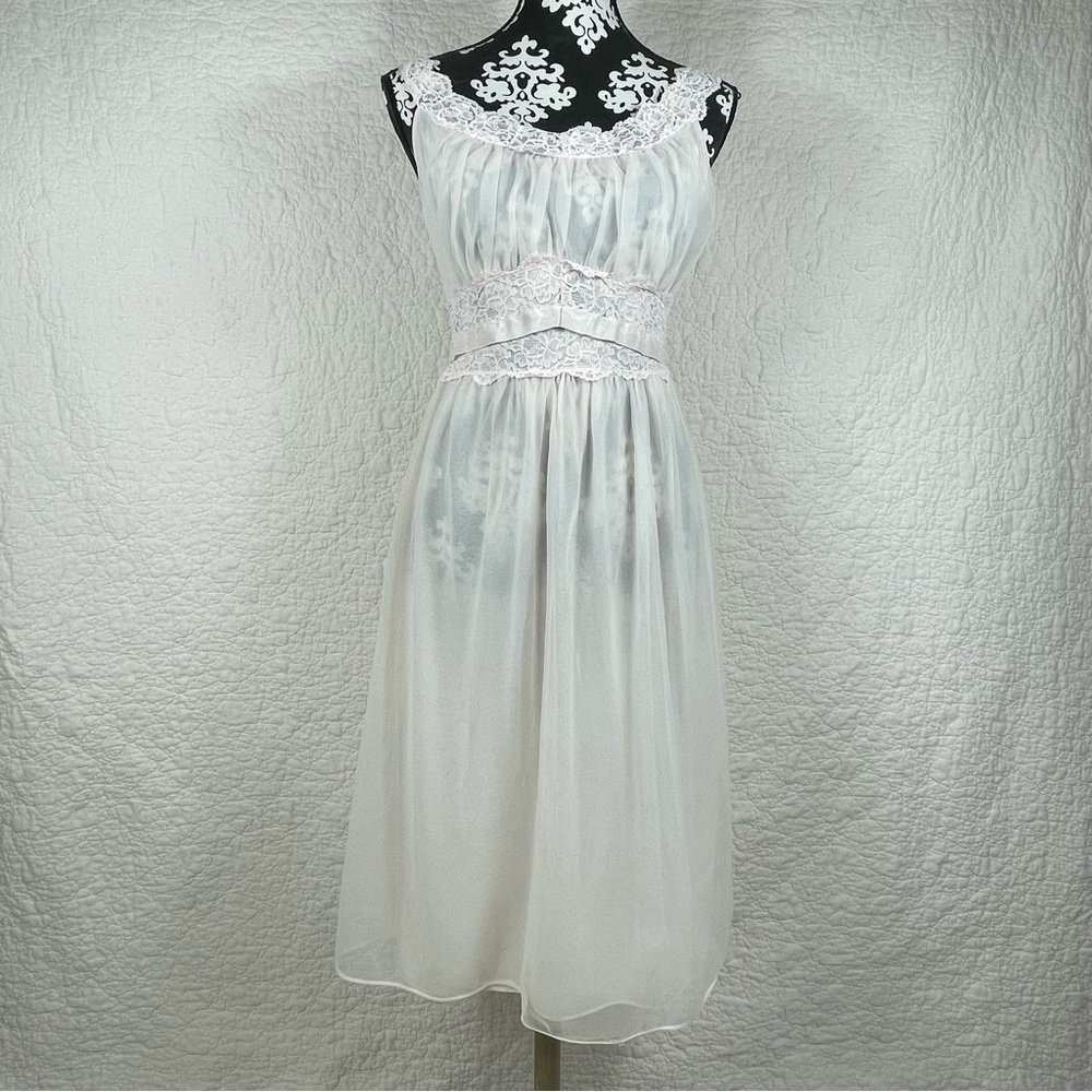 🔥VTG 50s-60s Miss Siren Sheer Peach Pink Midi Nightgown Lingerie Coquette Fairy